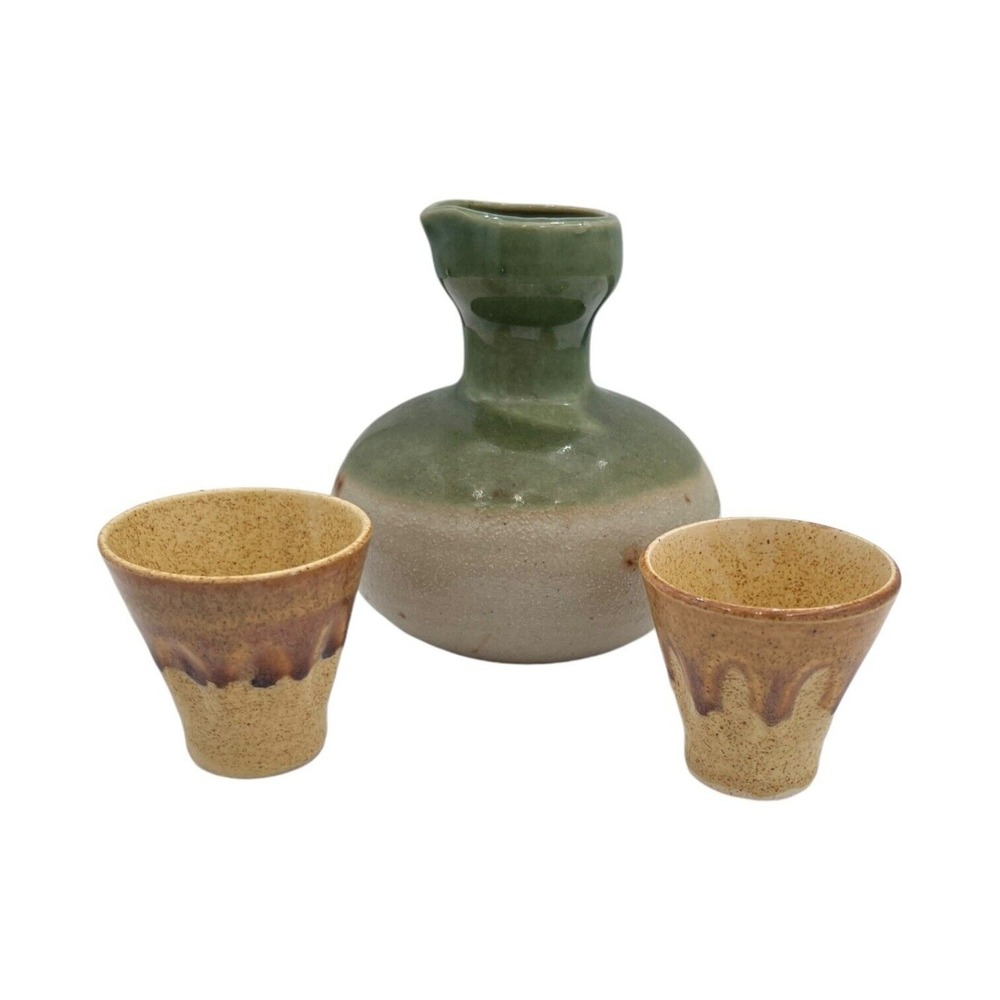 Japanese Pottery Stoneware Sake Set Carafe Two Cups Earth Tone Sage Green Tan